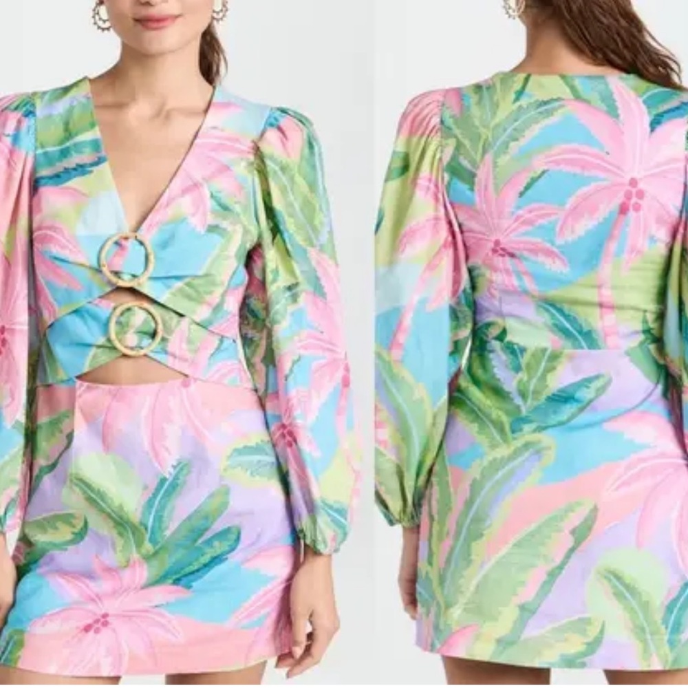 FARM Rio Pastel Palm Print Mini Dress - Pink, Blue, Green